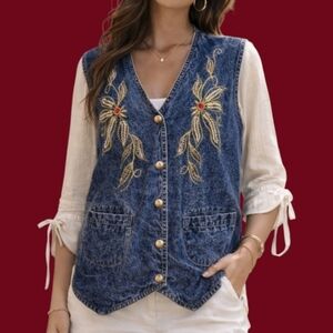 PRETTY BLEU 1980s Embroidered Stone Wash Chambray Waistcoat Vest FLAWED
